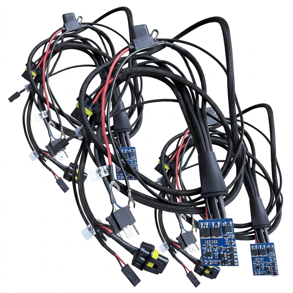 heavy-duty-automotive-led-light-bar-braided-wiring-harness-kit.jpg 4K authentic view of a heavy-duty automotive LED light bar wiring harness featuring black nylon braided sleeving, waterproof connectors, and an integrated PCB module, pure white background.