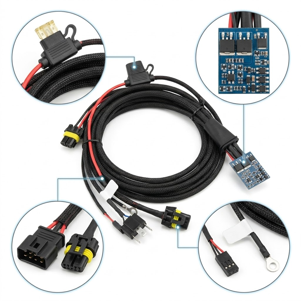 heavy-duty-automotive-led-light-bar-braided-wiring-harness-kit.jpg 4K authentic view of a heavy-duty automotive LED light bar wiring harness featuring black nylon braided sleeving, waterproof connectors, and an integrated PCB module, pure white background.