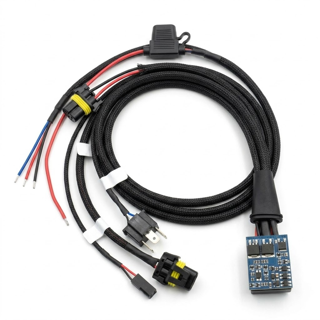 heavy-duty-automotive-led-light-bar-braided-wiring-harness-kit.jpg 4K authentic view of a heavy-duty automotive LED light bar wiring harness featuring black nylon braided sleeving, waterproof connectors, and an integrated PCB module, pure white background.