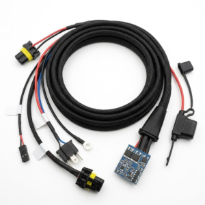 4K authentic view of a heavy-duty automotive LED light bar wiring harness featuring black nylon braided sleeving, waterproof connectors, and an integrated PCB module, pure white background.