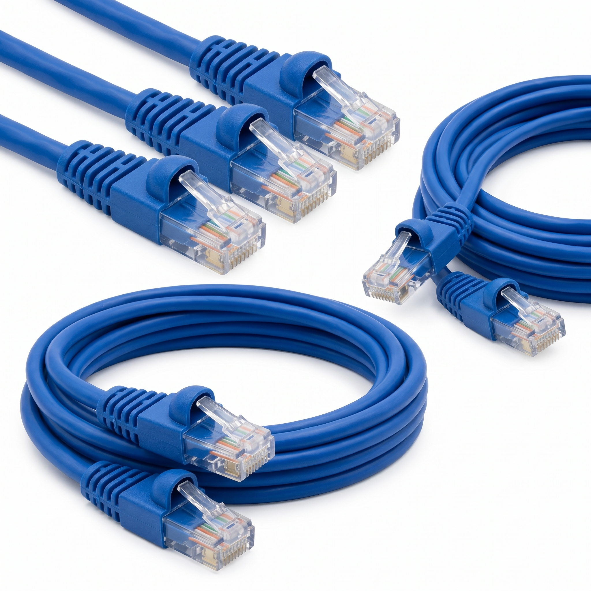 blue-cat6-snagless-ethernet-patch-cable-rj45-connector 4K authentic view of blue Cat6 snagless Ethernet patch cables showing 50-micron gold-plated RJ45 connectors and precise internal wire pairs, pure white background.
