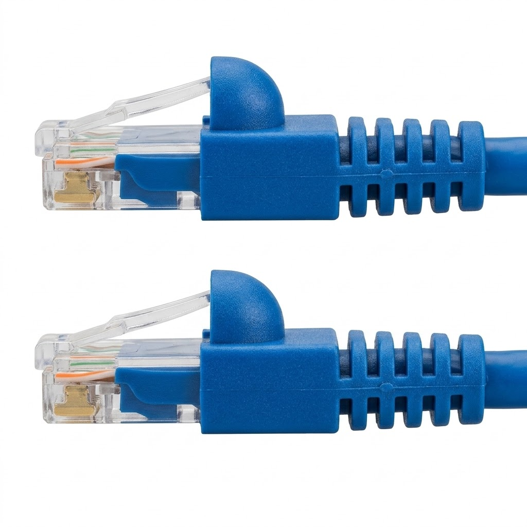 blue-cat6-snagless-ethernet-patch-cable-rj45-connector 4K authentic view of blue Cat6 snagless Ethernet patch cables showing 50-micron gold-plated RJ45 connectors and precise internal wire pairs, pure white background.