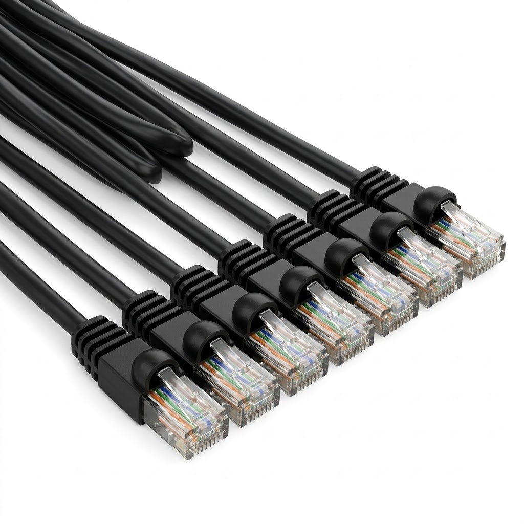 black-snagless-cat6-ethernet-patch-cable-rj45.jpg Close-up authentic view of a black snagless Cat6 Ethernet patch cable featuring transparent RJ45 connectors and gold-plated contacts, pure white background.