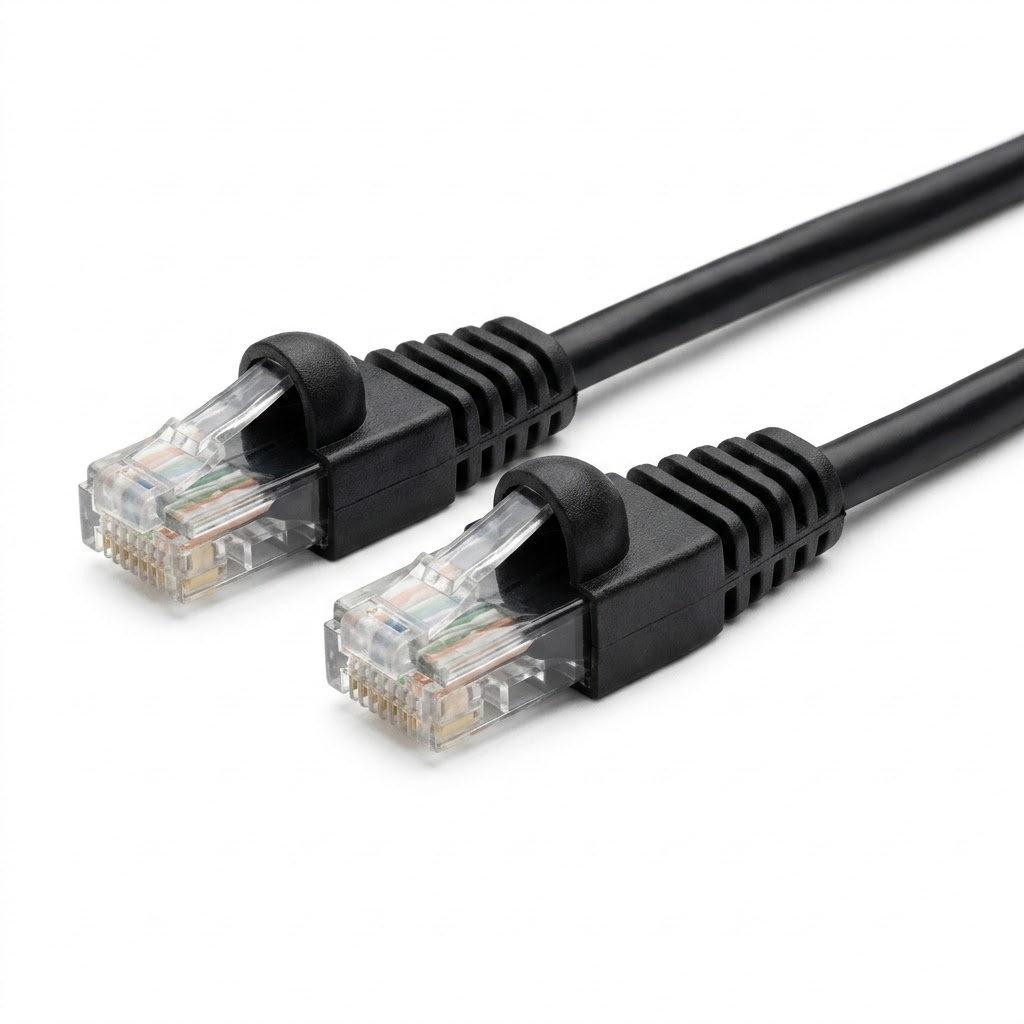 Close-up authentic view of a black snagless Cat6 Ethernet patch cable featuring transparent RJ45 connectors and gold-plated contacts, pure white background. black-snagless-cat6-ethernet-patch-cable-rj45.jpg