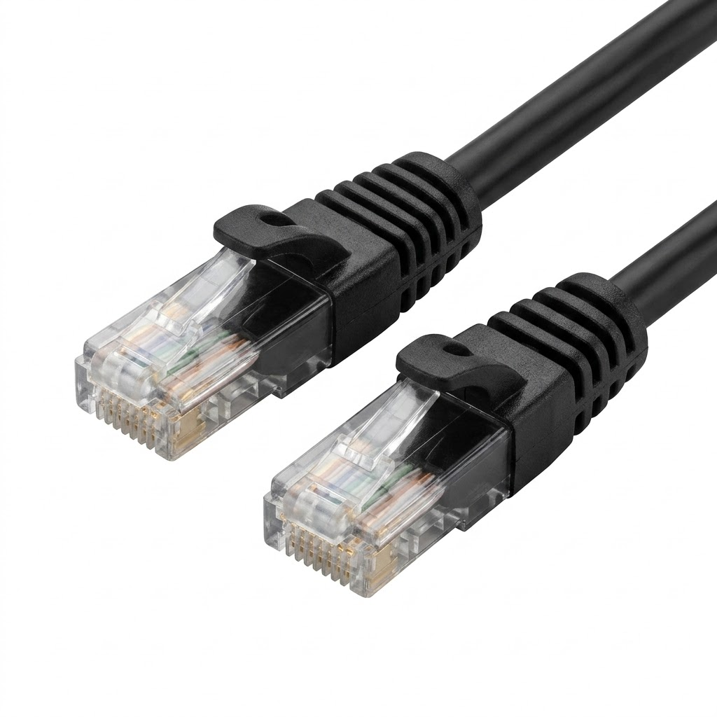 black-snagless-cat6-ethernet-patch-cable-rj45.jpg Close-up authentic view of a black snagless Cat6 Ethernet patch cable featuring transparent RJ45 connectors and gold-plated contacts, pure white background.