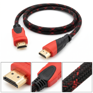 4K authentic view of a premium red and black nylon braided HDMI cable featuring 24K gold-plated connectors and durable molded strain relief, pure white background.