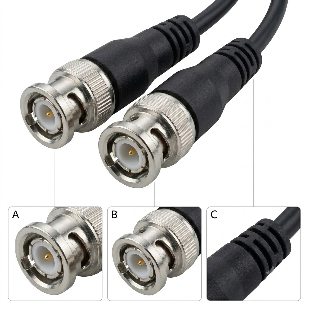 Black Coaxial Cable and Strain Relief Black PVC coaxial cable with molded connector strain relief boot
