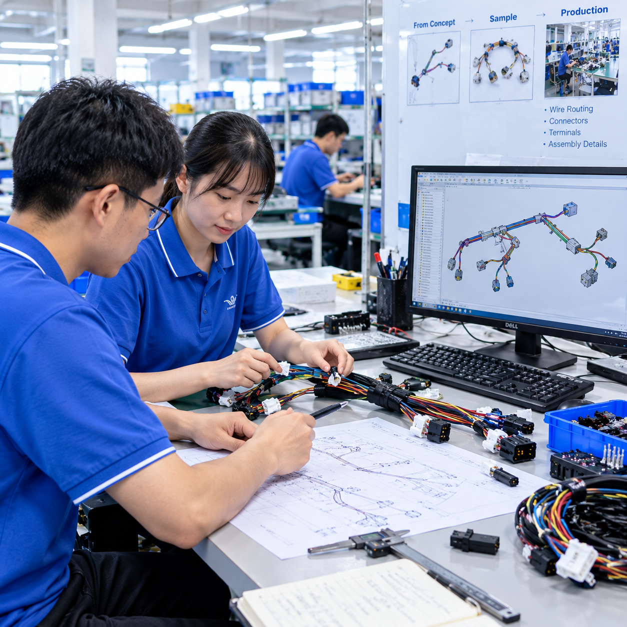 Home engineering team assembling wiring harnesses