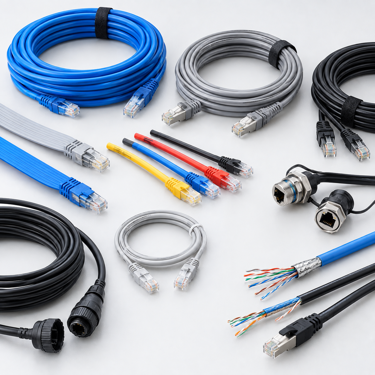 Home ethernet cable collection flat lay