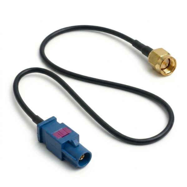 FAKRA Code Z female to SMA male 50 ohm RF coaxial cable with water blue FAKRA housing, threaded SMA connector, and heat-shrink strain relief