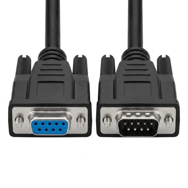 15-pin VGA male to female extension cable with black shielded round PVC cable, screw-lock connectors, textured molded housings, and reinforced strain relief