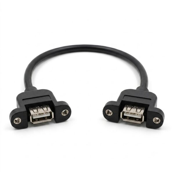 USB 2.0 dual USB-A female panel mount extension cable with white connector inserts, black molded PVC housings, screw-mounting ears at both ends, and a black round PVC cable