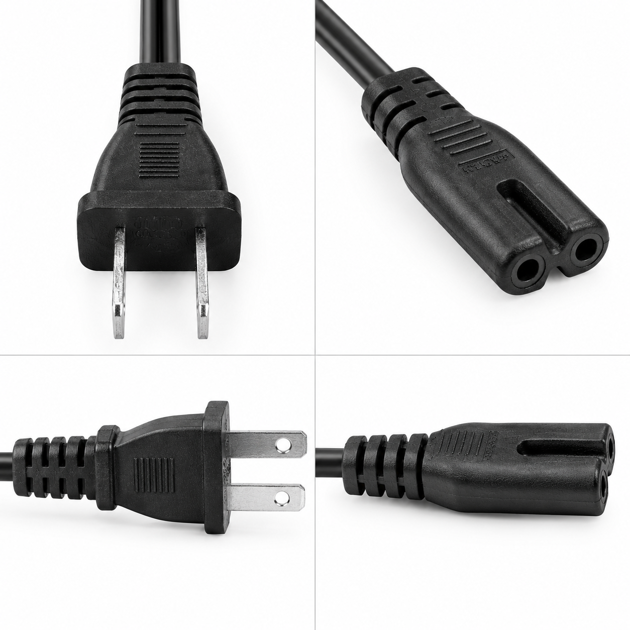 IEC C7 to NEMA 1-15P Power Cord – 80 mm Figure-8 Cable 80 mm IEC 60320 C7 to NEMA 1-15P power cord with a figure-8 appliance connector, US two-flat-pin plug, and short cable assembly