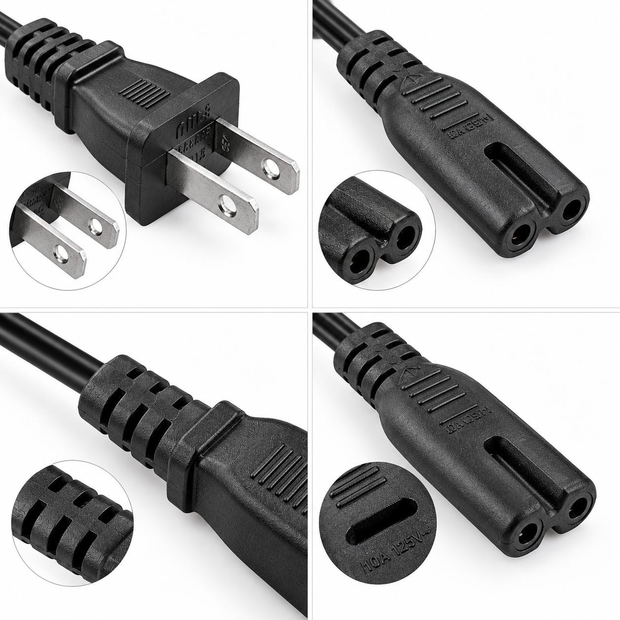 IEC C7 to NEMA 1-15P Power Cord – 80 mm Figure-8 Cable 80 mm IEC 60320 C7 to NEMA 1-15P power cord with a figure-8 appliance connector, US two-flat-pin plug, and short cable assembly