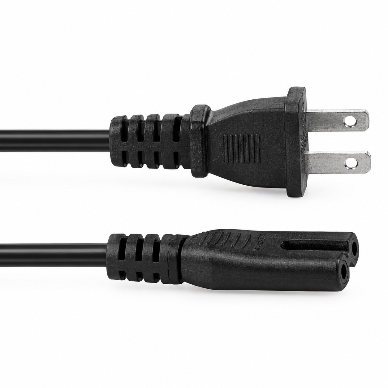 IEC C7 to NEMA 1-15P Power Cord – 80 mm Figure-8 Cable 80 mm IEC 60320 C7 to NEMA 1-15P power cord with a figure-8 appliance connector, US two-flat-pin plug, and short cable assembly