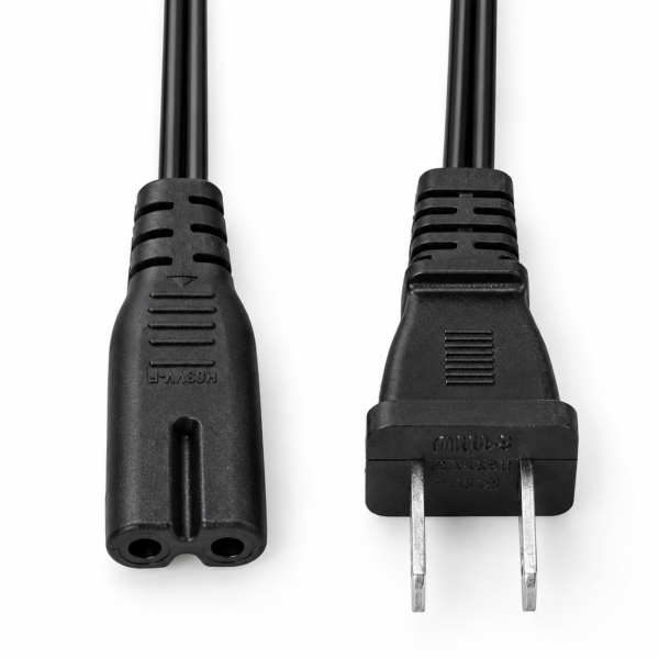 80 mm IEC 60320 C7 to NEMA 1-15P power cord with a figure-8 appliance connector, US two-flat-pin plug, and short cable assembly