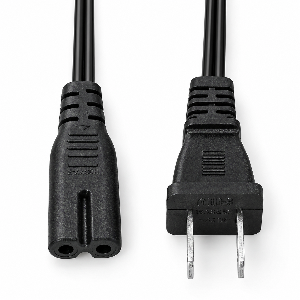 IEC C7 to NEMA 1-15P Power Cord – 80 mm Figure-8 Cable 80 mm IEC 60320 C7 to NEMA 1-15P power cord with a figure-8 appliance connector, US two-flat-pin plug, and short cable assembly