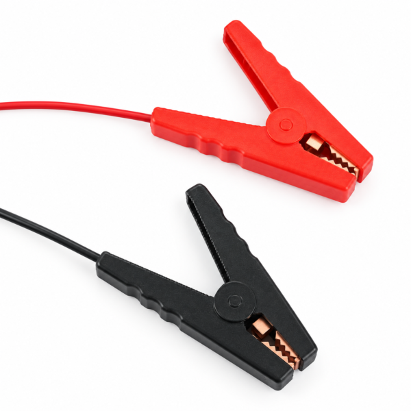 Car battery jump starter clamps with alligator-style jaws for automotive battery connection applications
