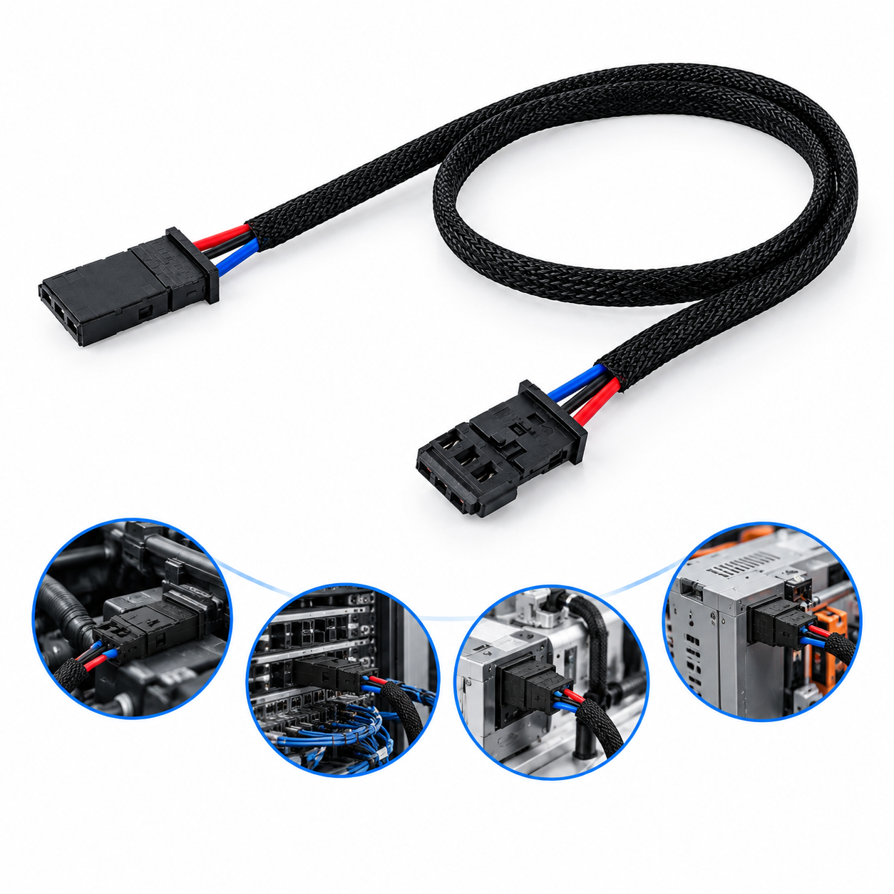 3-Core Battery and Trailer Brake Adapter Cable Assembly with 3-Pin Socket3-Core Battery and Trailer Brake Adapter Cable Assembly with 3-Pin Socket 3-core adapter cable assembly with a black 3-pin socket, red blue and black wires, and a black nylon braided protective sleeve