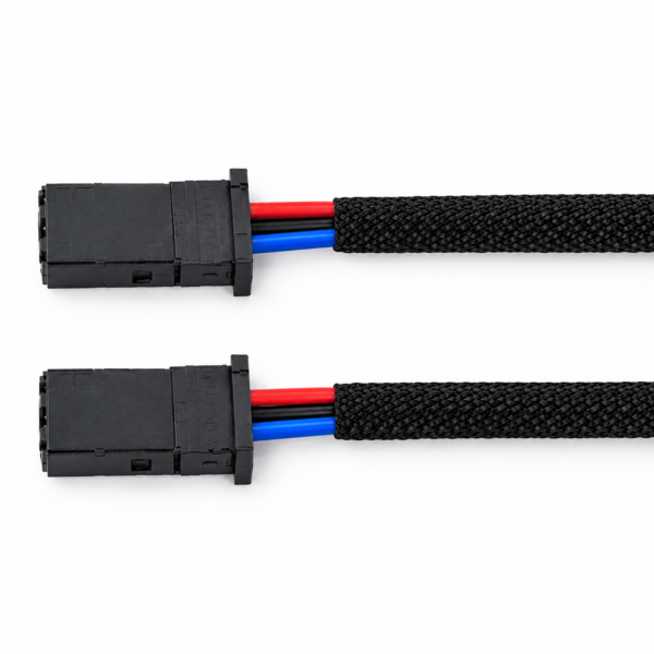 3-core adapter cable assembly with a black 3-pin socket, red blue and black wires, and a black nylon braided protective sleeve