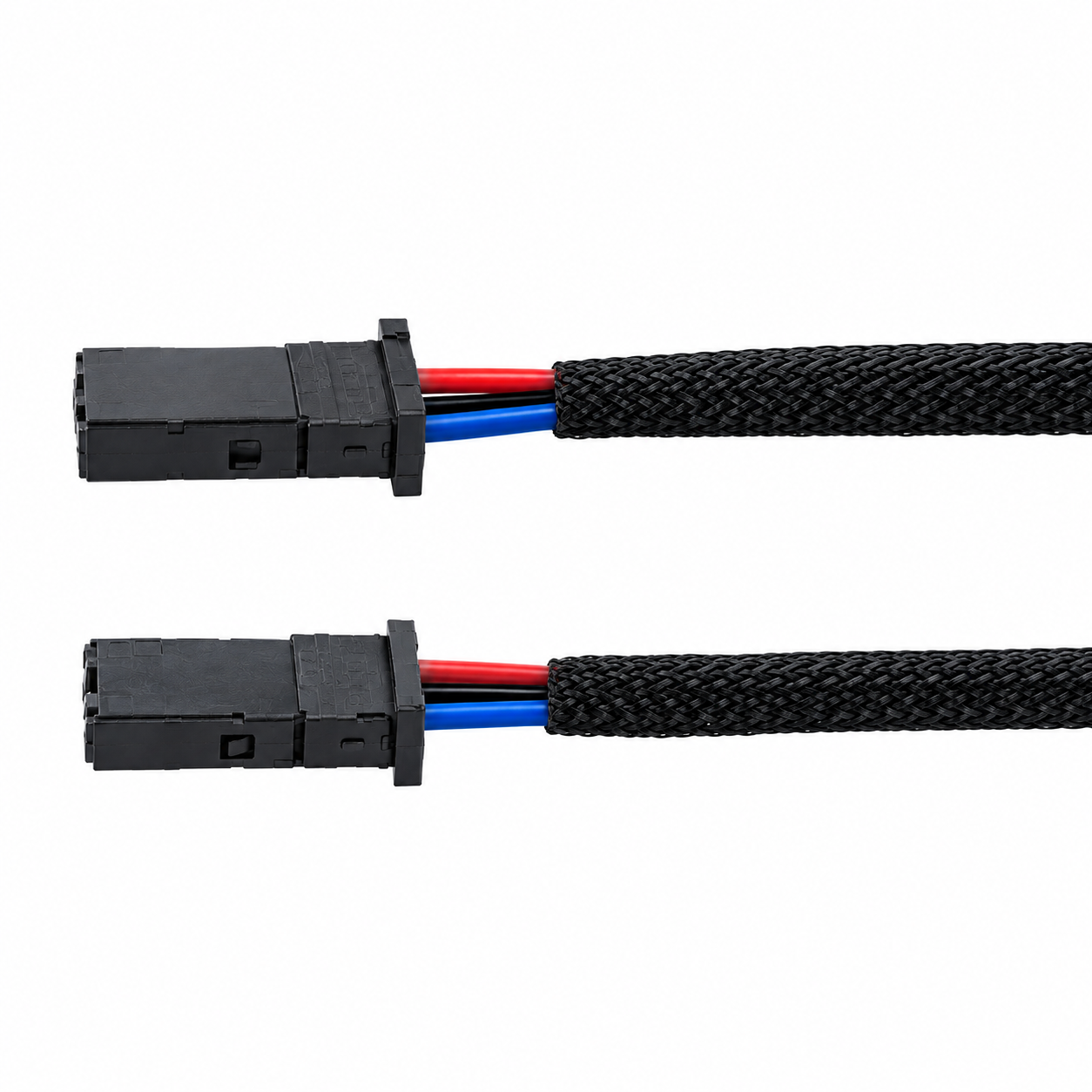 3-Core Battery and Trailer Brake Adapter Cable Assembly with 3-Pin Socket 3-core adapter cable assembly with a black 3-pin socket, red blue and black wires, and a black nylon braided protective sleeve