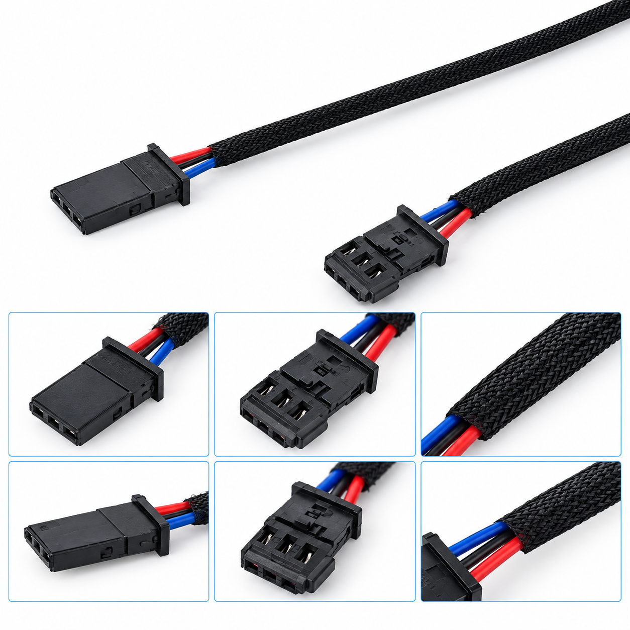3-Core Battery and Trailer Brake Adapter Cable Assembly with 3-Pin Socket 3-core adapter cable assembly with a black 3-pin socket, red blue and black wires, and a black nylon braided protective sleeve