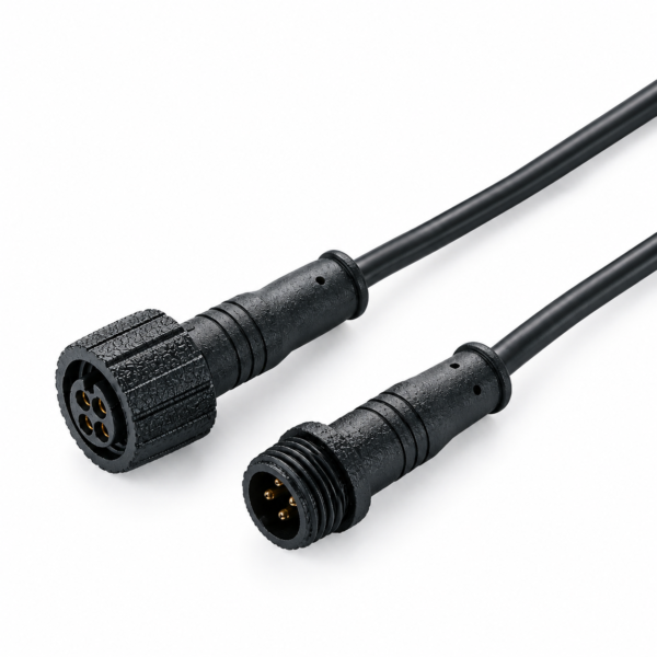M15 4-pin waterproof male-to-female extension cable with circular threaded connectors for compatible industrial and outdoor equipment