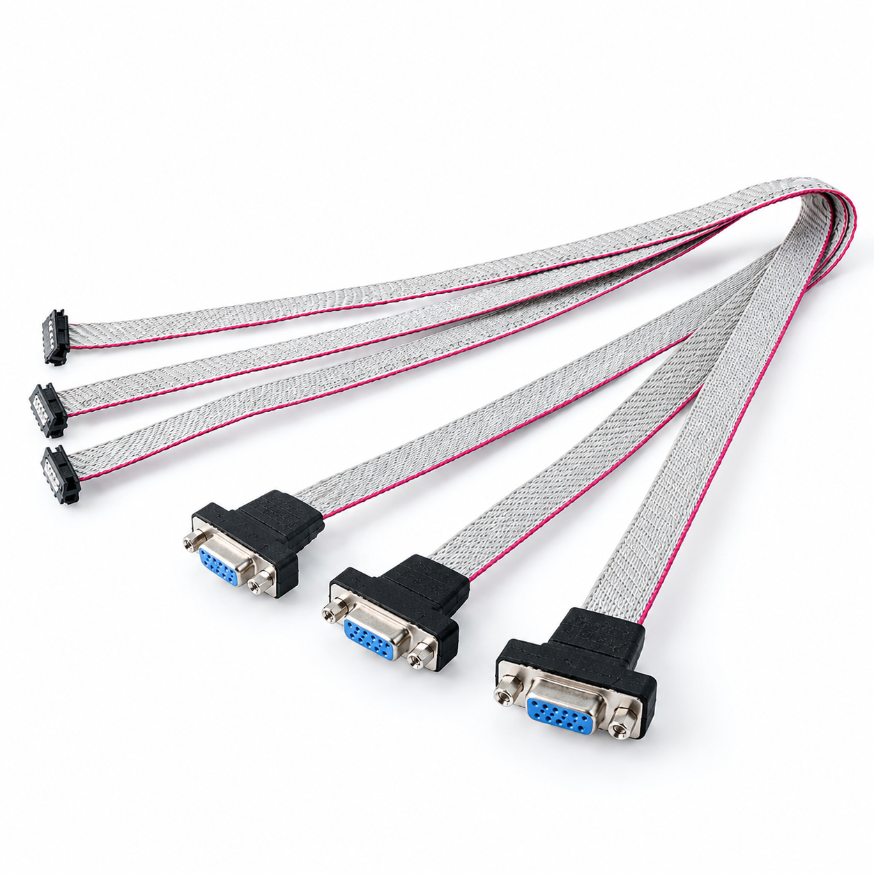 DB9 to 40-Pin Ribbon Cable – 4-Port Serial Adapter DB9 to 40-pin ribbon cable with four DB9 male serial connectors and a gray flat ribbon cable
