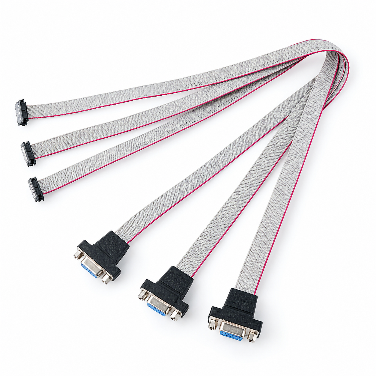 DB9 to 40-Pin Ribbon Cable – 4-Port Serial Adapter DB9 to 40-pin ribbon cable with four DB9 male serial connectors and a gray flat ribbon cable