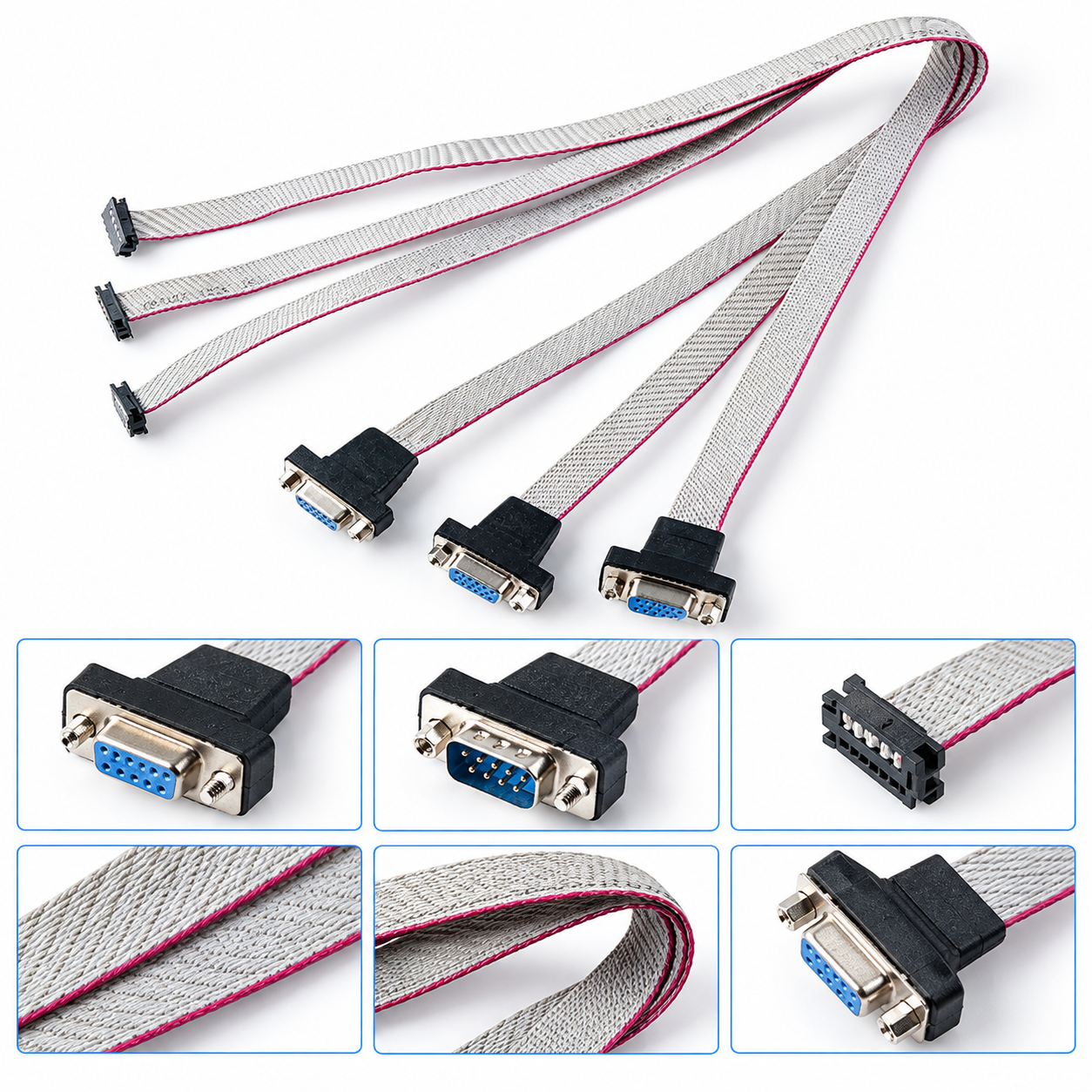 DB9 to 40-Pin Ribbon Cable – 4-Port Serial Adapter DB9 to 40-pin ribbon cable with four DB9 male serial connectors and a gray flat ribbon cable