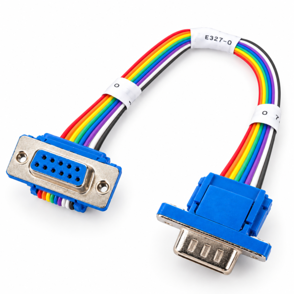 80mm DB9 female-to-female rainbow ribbon cable with blue 9-pin connectors