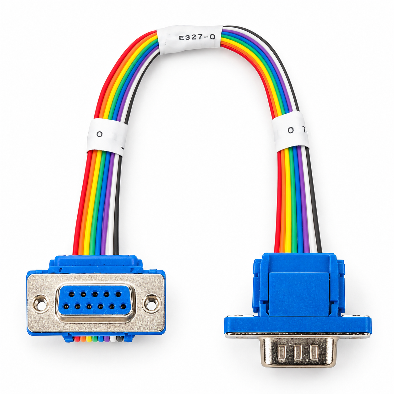 80mm DB9 Female-to-Female Rainbow Ribbon Cable 80mm DB9 female-to-female rainbow ribbon cable with blue 9-pin connectors