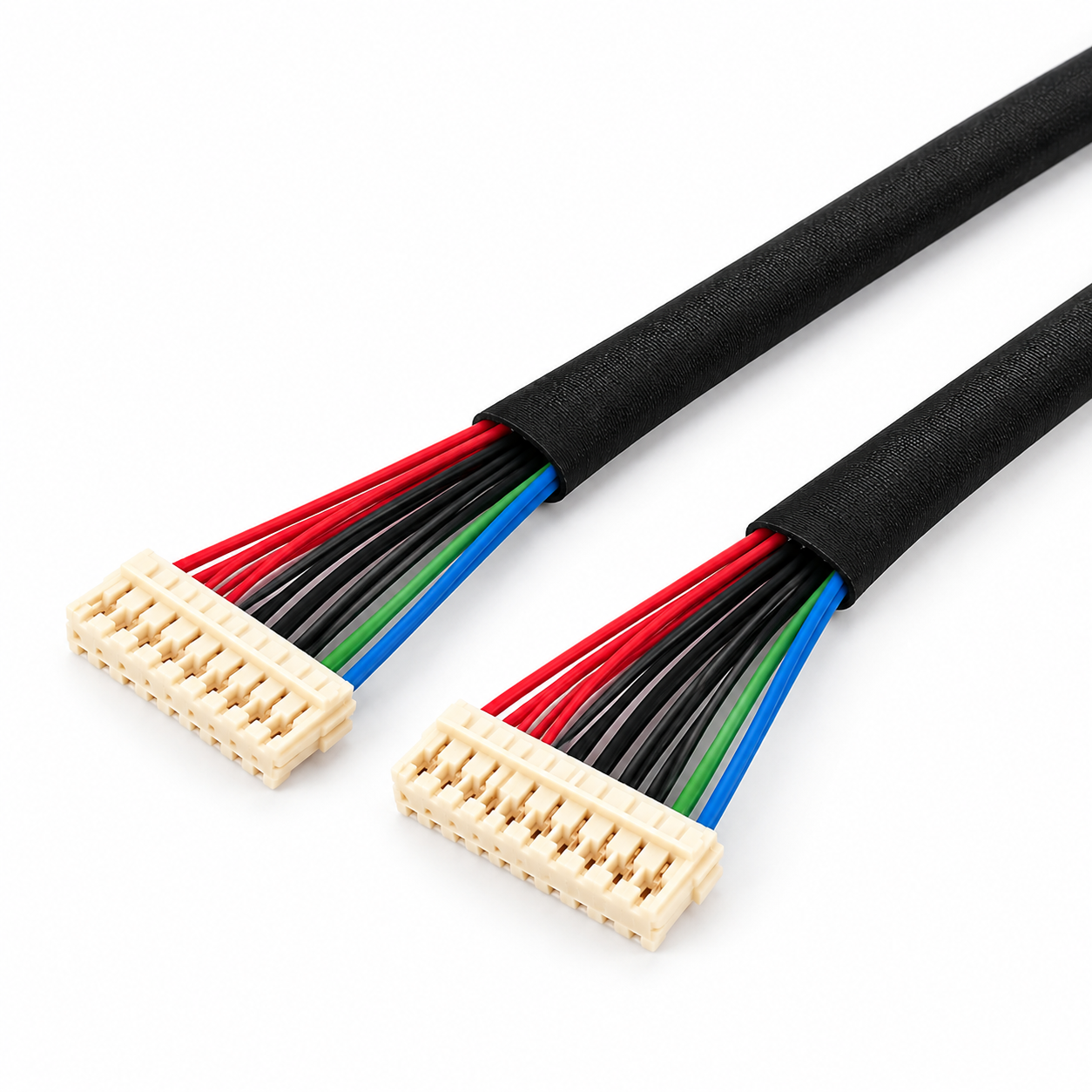 1.0mm Pitch 20-Pin Dual-Row Wire-to-Board Cable Assembly 1.0mm pitch 20-position dual-row wire-to-board cable assembly with white connector housing and black braided sleeving
