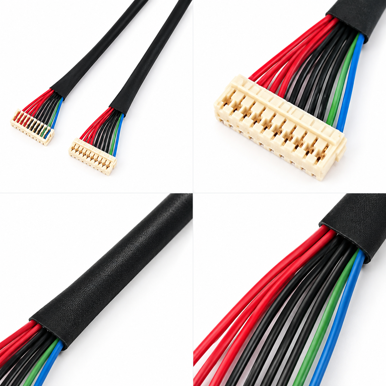 1.0mm Pitch 20-Pin Dual-Row Wire-to-Board Cable Assembly 1.0mm pitch 20-position dual-row wire-to-board cable assembly with white connector housing and black braided sleeving
