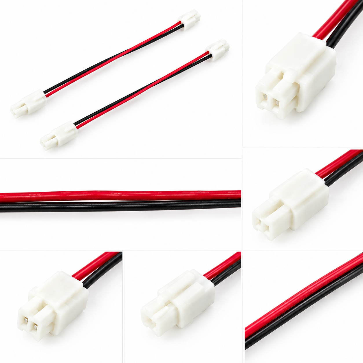 100mm 2-Pin Male to Female Power Connector Cable 100mm 2-pin male-to-female connector cable with white housings and red and black wires