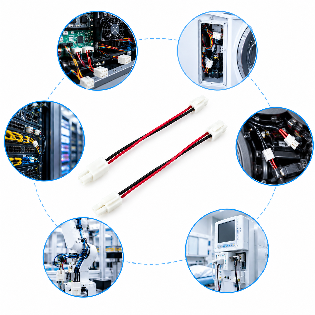 100mm 2-Pin Male to Female Power Connector Cable 100mm 2-pin male-to-female connector cable with white housings and red and black wires