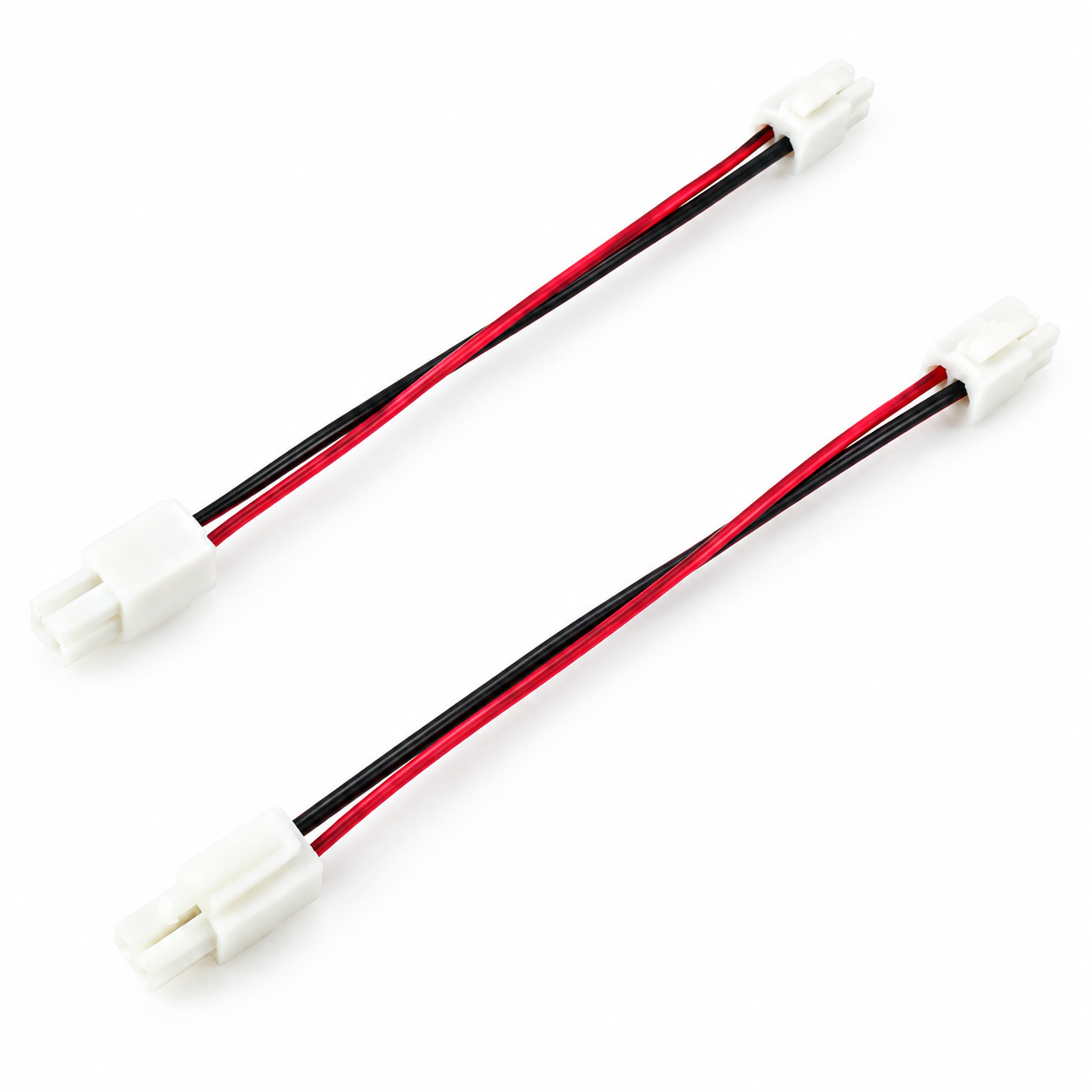 100mm 2-Pin Male to Female Power Connector Cable 100mm 2-pin male-to-female connector cable with white housings and red and black wires