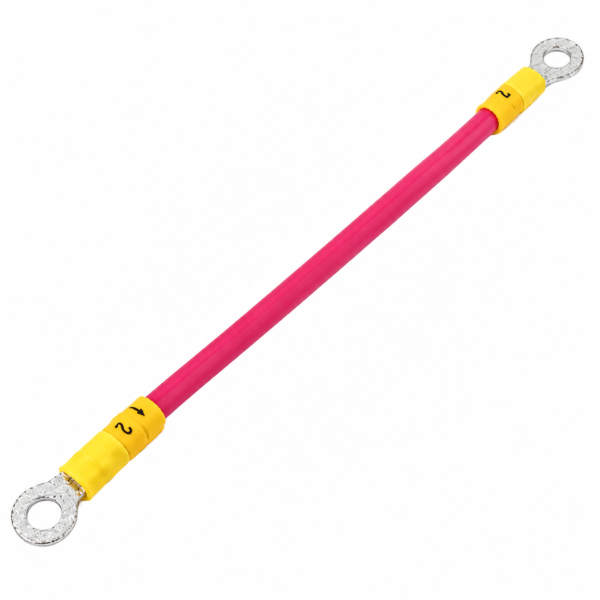 65mm red wire with ring terminals at both ends and yellow heat-shrink tubing