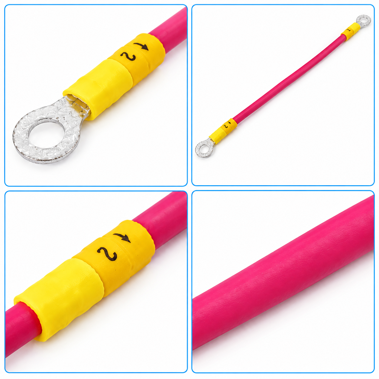 65mm Ring Terminal Wire with Heat-Shrink Tubing 65mm red wire with ring terminals at both ends and yellow heat-shrink tubing