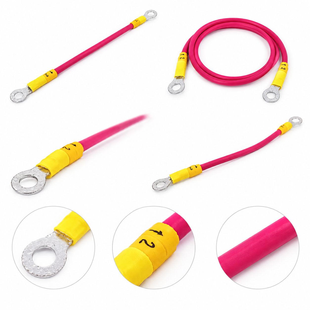 65mm Ring Terminal Wire with Heat-Shrink Tubing 65mm red wire with ring terminals at both ends and yellow heat-shrink tubing