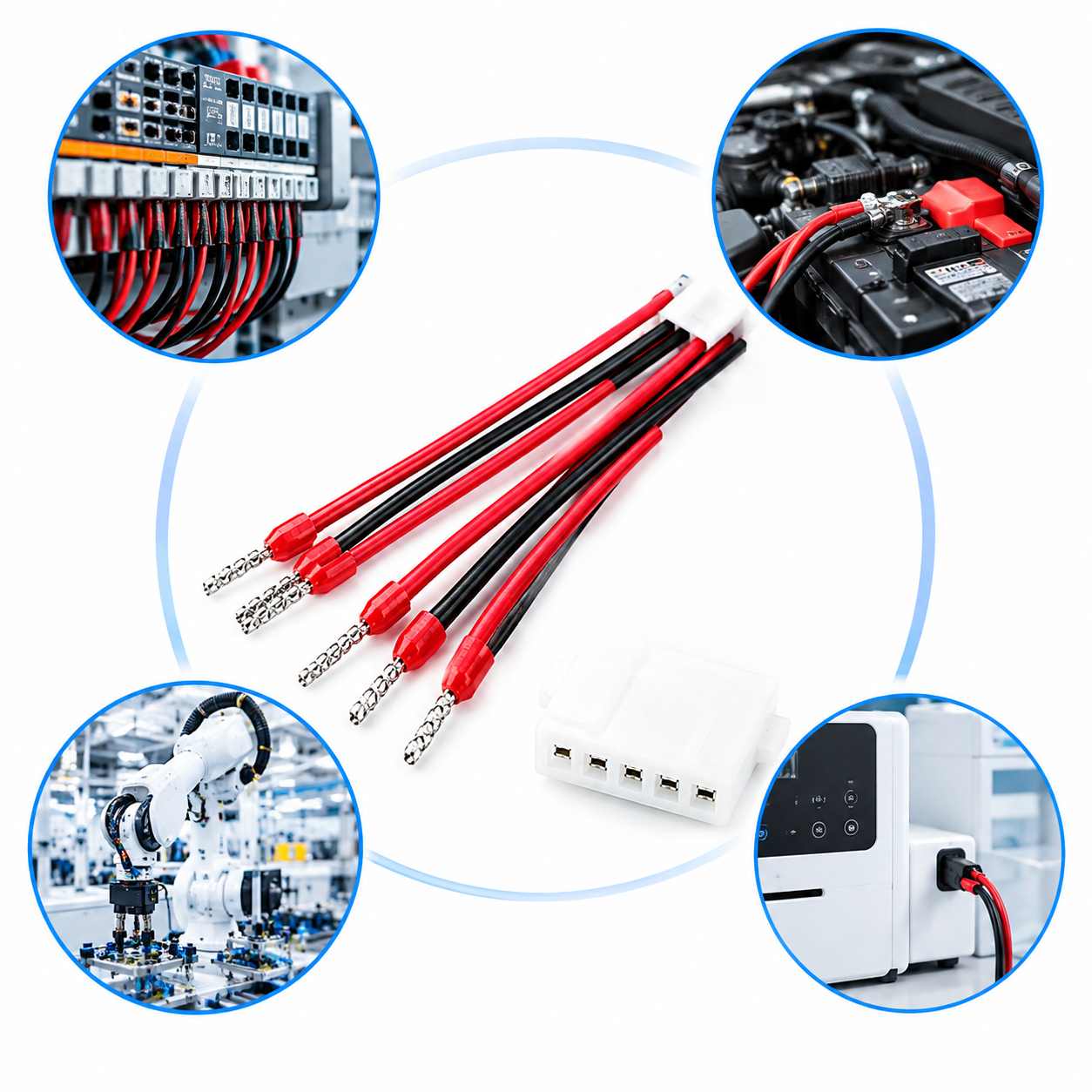78mm 6-Way Power Distribution Wire Harness 78mm 6-way power distribution wire harness with red and black wires, white multi-pin connector, and red-insulated crimp terminals