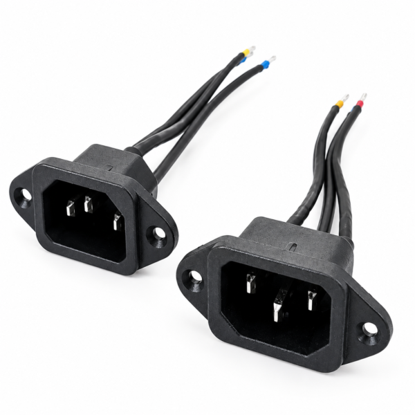 Black IEC C14 panel-mount power inlet with three-pin interface, two mounting holes, and wire leads
