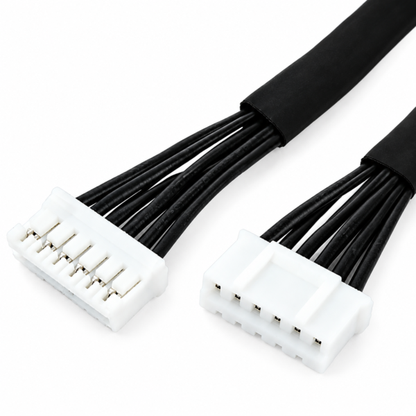 88mm black multi-core wire harness with white connector housings at both ends