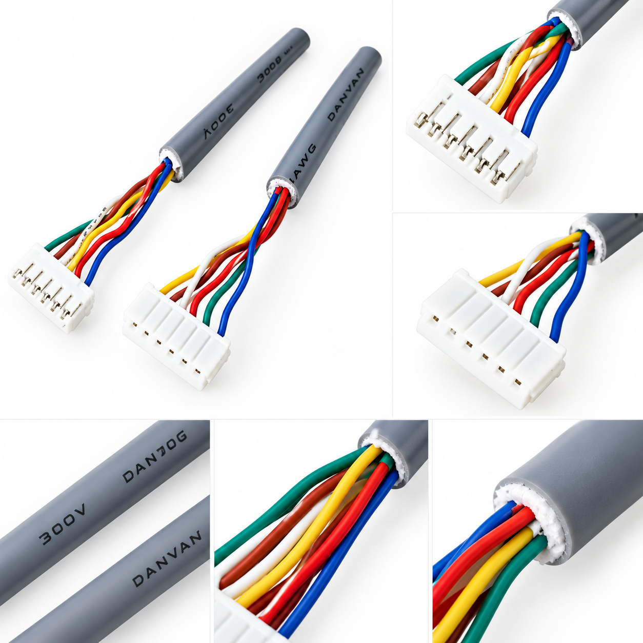 6-Pin Multicore Wiring Harness with Gray PVC Jacket 6-pin multicore wiring harness with gray outer jacket, multicolored internal wires, and white female connectors
