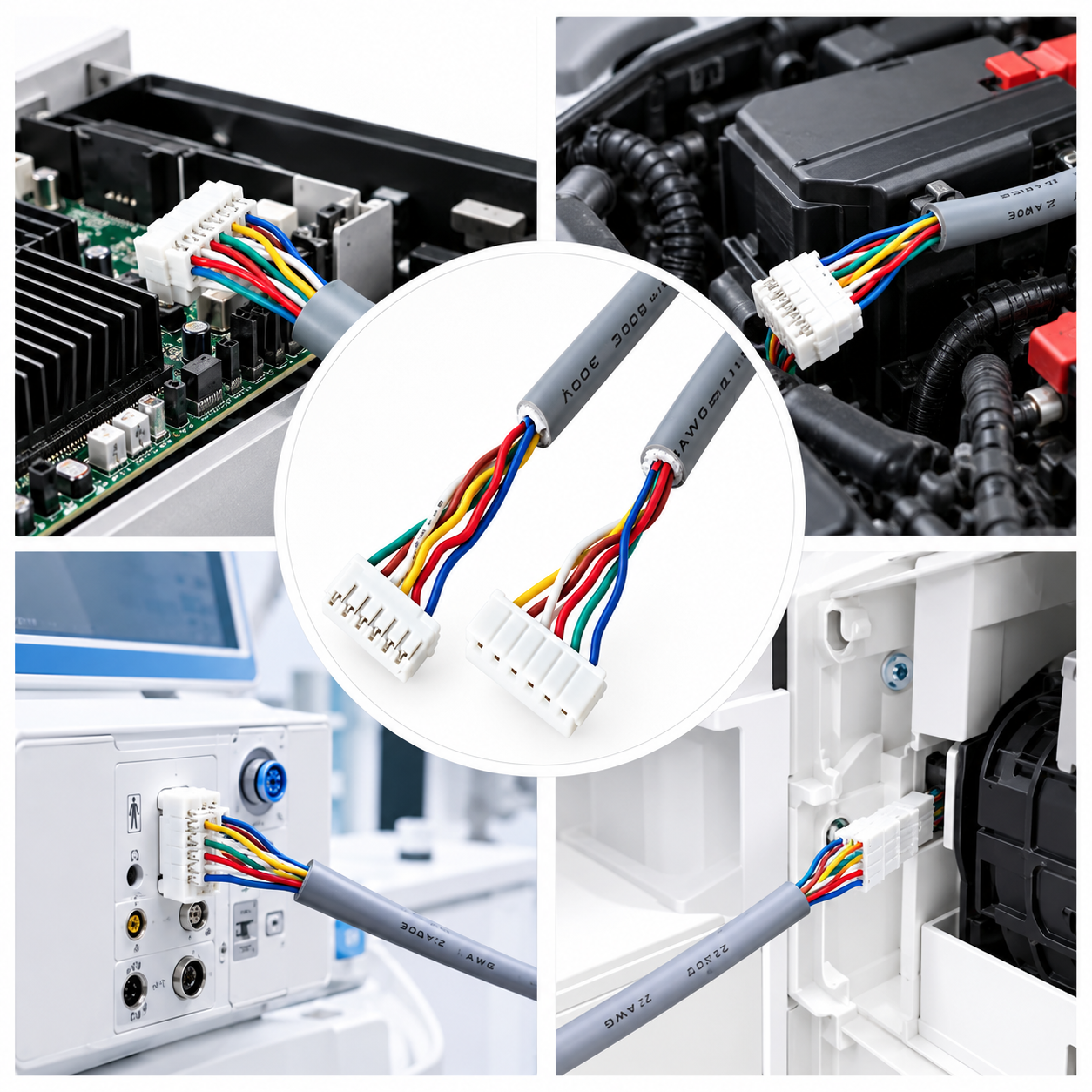 6-Pin Multicore Wiring Harness with Gray PVC Jacket 6-pin multicore wiring harness with gray outer jacket, multicolored internal wires, and white female connectors