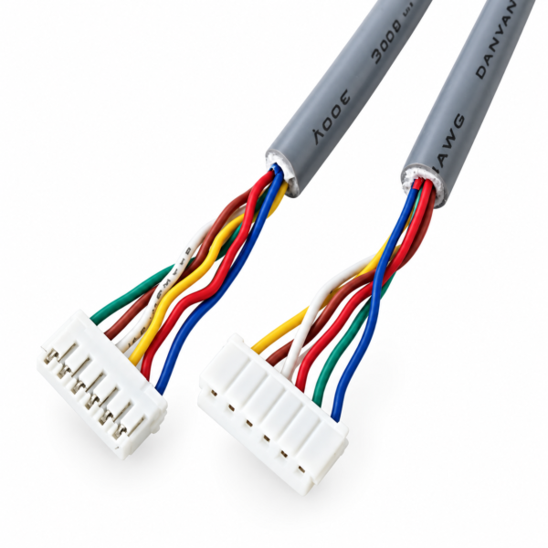 6-pin multicore wiring harness with gray outer jacket, multicolored internal wires, and white female connectors