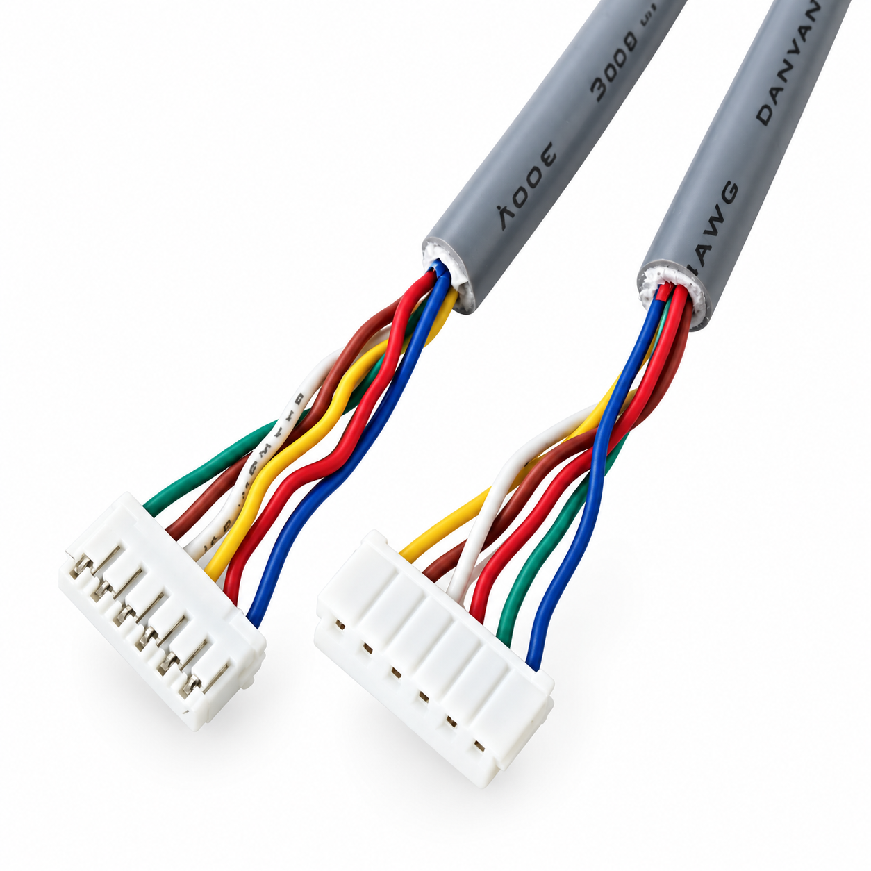 6-Pin Multicore Wiring Harness with Gray PVC Jacket 6-pin multicore wiring harness with gray outer jacket, multicolored internal wires, and white female connectors